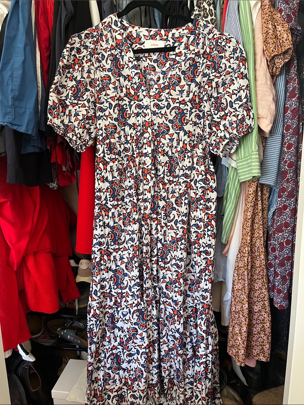 XiRENA White Maxi Lennox Dress with Navy & Orange Print